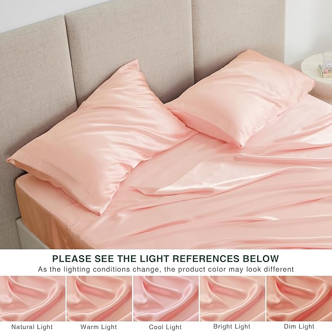 Love's cabin Twin XL 3Pc Satin Sheet Set, Coral Silky Satin Bed Sheets with Deep Pockets, Luxury Silk Feel, Envelope Closure