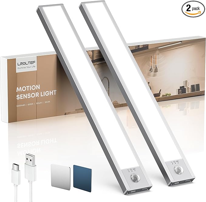 Under Cabinet Kitchen Lights, Motion Sensor Dimmable 30cm 2200mAh 6500K LED Under Counter Rechargeable Wardrobe Indoor Night Lights for Kitchen Shelf Stairs Closet 2 Pack