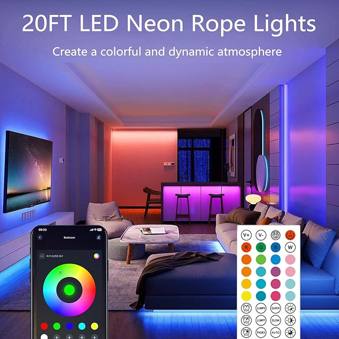20Ft Neon Rope Lights,Flexible Led Rope Lights Control with App/Remote,Multiple Modes Rope Lights,IP67 Outdoor Waterproof,Music Sync Light Strip for Bedroom