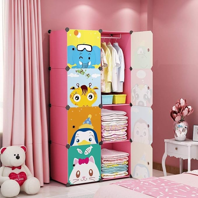 MAGINELS Children Wardrobe Closet,Baby Girl and Kids Closet with Door, Cute Protable Cube Storage Clothes,Dresser for Bedroom,Pink,8 Cube(14x14inch)