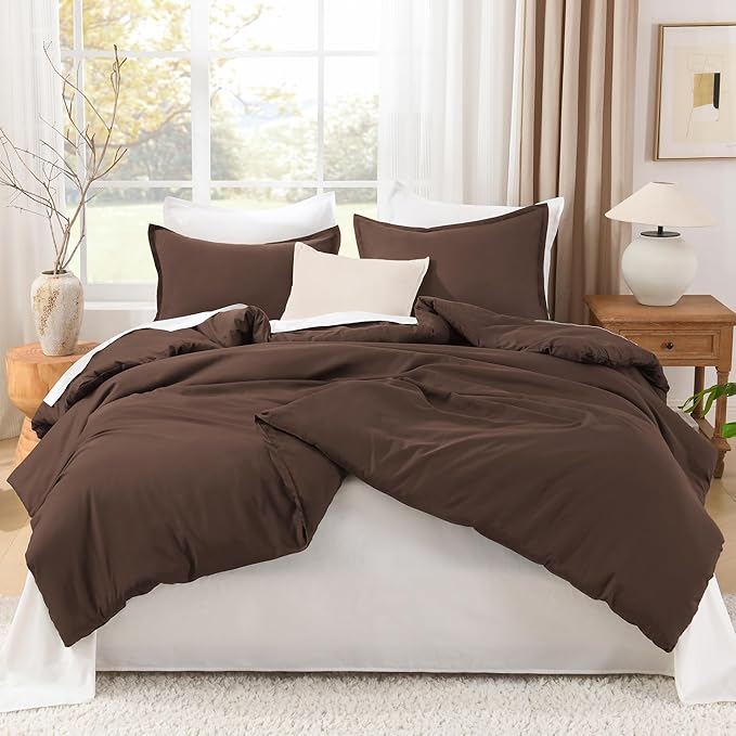 Litanika Comforters Brown Super King Size, 3 Pieces Lightweight Solid Bedding Set & Collections, All Season Fluffy Bed Set (120x120In Comforter & 2 Pillowcases)