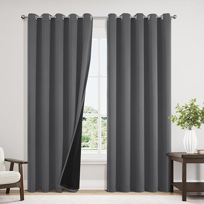 ChrisDowa 100% Blackout Curtains 84 inch Long for Bedroom with Black Liner, Extra Wide 2 Thick Layers Total Blackout Thermal Insulated Grommet Window Curtains 2 Panels Set (Grey, 60 x 84 Inch)