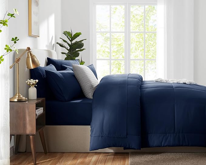CozyLux Oversized King Comforter Sets Navy Blue, 7 Pieces Bed in a Bag, Ultra-Soft All Season Bedding Sets with Stitch Quilted Comforter, Flat Sheet, Fitted Sheet, Pillowcases, Navy Blue