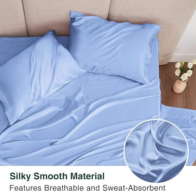 Love's cabin Satin Sheet Set - 3 Piece Sky Blue, Luxury Silky Feel, Twin Size, Deep Pockets, Wrinkle Resistant