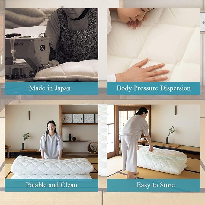 EMOOR Japanese Futon Mattress CLASSE & Fitted Sheet PRESSO Full Made in Japan, Cotton (Gray) Foldable Floor Sleeping Bed Tatami Mat