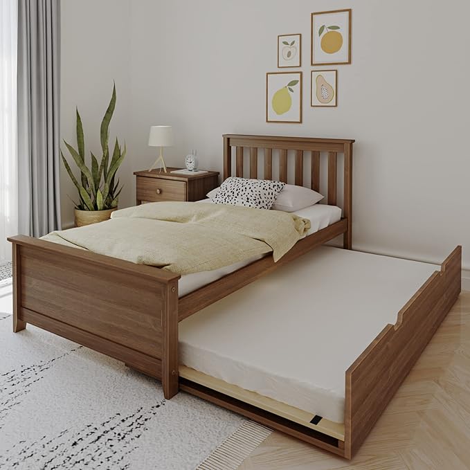 Max & Lily Twin Bed, Wood Bed Frame with Headboard for Kids with Trundle, Slatted, Walnut