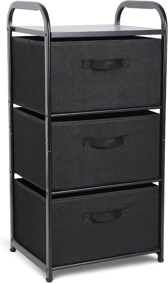 MAX Houser Dresser Storage with 3 Easy Pull Fabric Drawers, Fabric Dresser Tower,Vertical Storage Unit for Bedroom,Chest of Drawers with Metal Frame, Wooden Tabletop, for Living Room, Closet (Black)