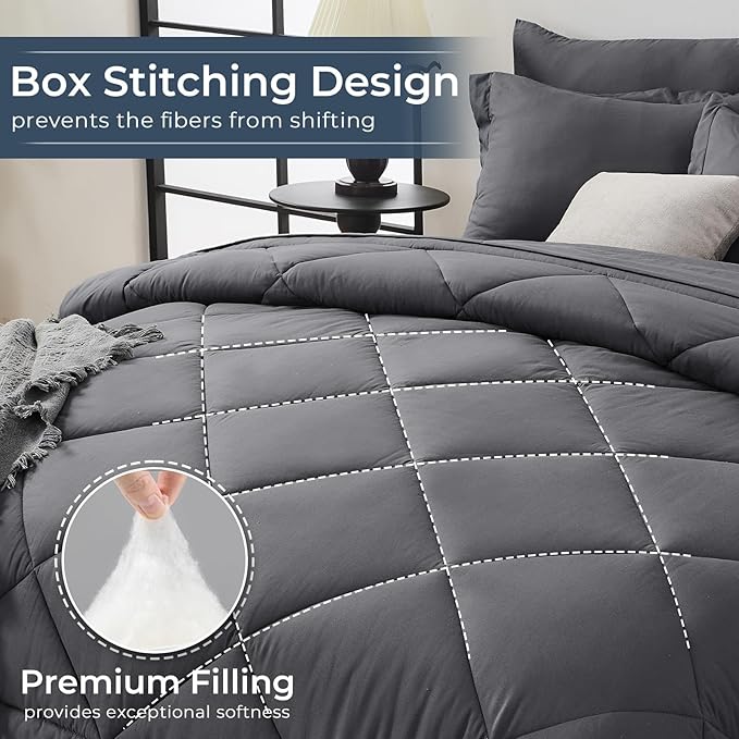 HEVUMYI California King Comforter Set - 7-Piece All Season Bed in a Bag Cali-King, Ultra Soft Bedding Set with Comforter, Flat Sheet, Fitted Sheet, Pillowcases, Pillow Shams, Dark Grey