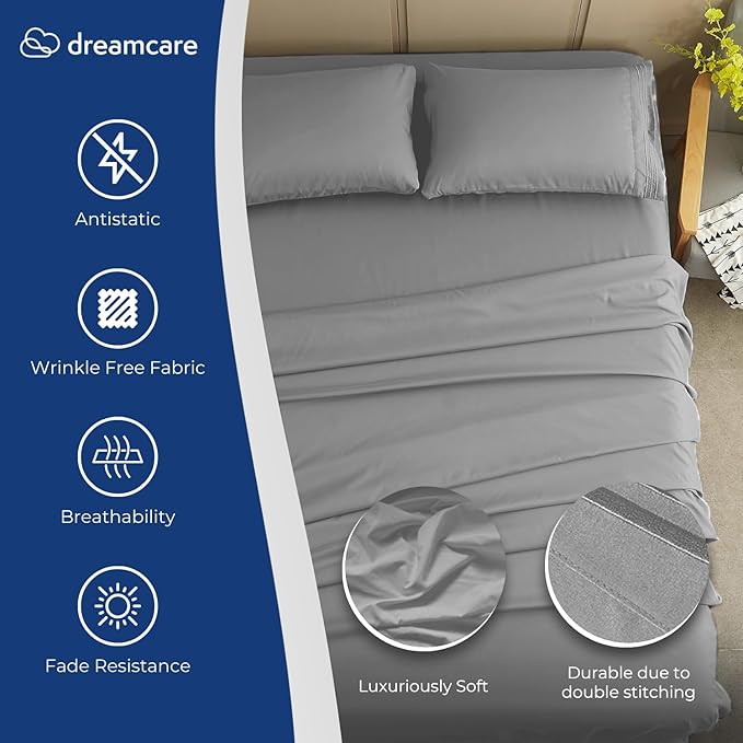 DREAMCARE Full Size Sheets – 4 pcs Cooling Sheets – up to 21” Deep Full Sheet Set – Hotel Luxury Sheets & Pillowcases – Superior Softness 100% Fine Microfiber with Side Pocket – Light Gray