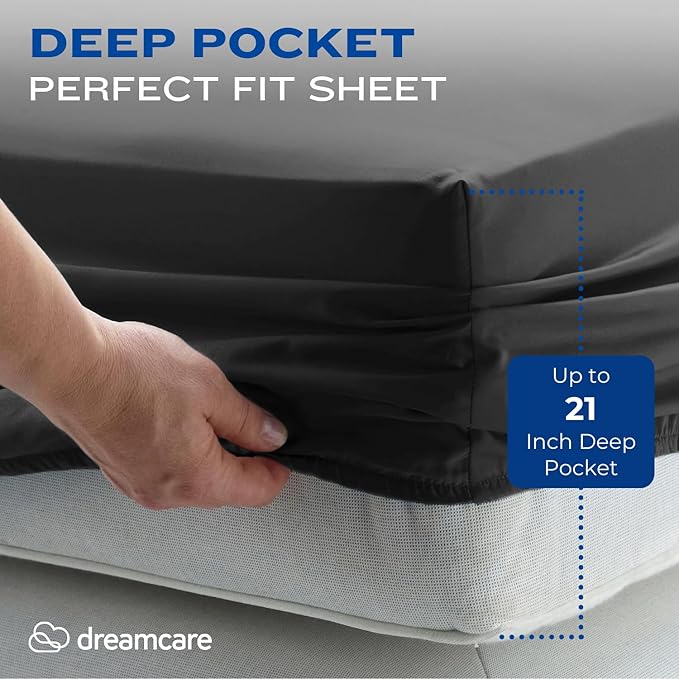 DREAMCARE California King Sheet Sets – 4 pcs Cooling Sheets – up to 21” Deep Cal King Sheets – Hotel Luxury Pillowcases – Superior Softness 100% Fine Microfiber with Side Pocket – Gray