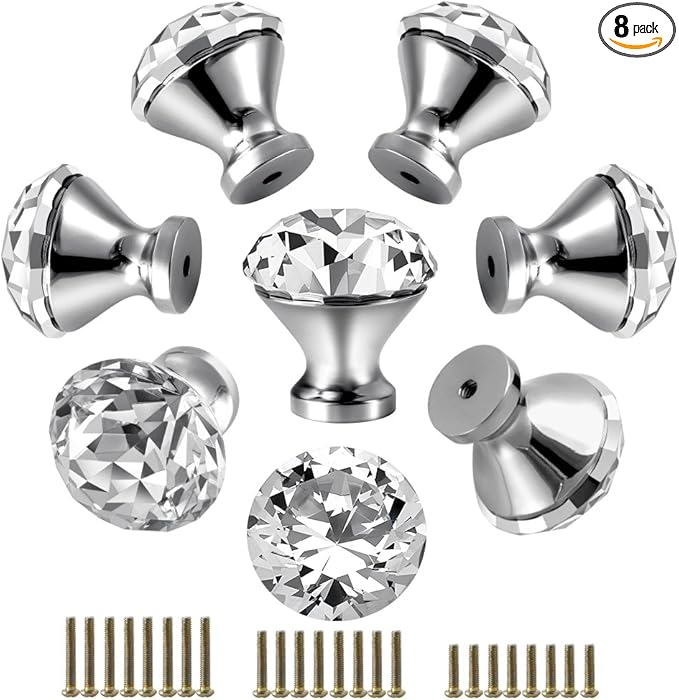 30mm Kitchen Cabinet Knobs Drawer Pull Handle Hardware, Crystal Clear Glass Round Diamond Shape Dresser Closet Bi-fold Door Bathroom Cupboard Desk Nightstand Bookcase Furniture Drawer Knob Set （8PCS）