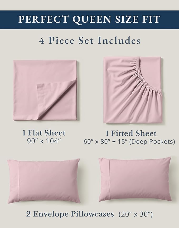 LANE LINEN Eco Friendly 100% Organic Cotton Sheets Queen Size, Mercerized Cotton Fully Elasticized Reinforced Seams Low Pill Fade Resistant Hotel Luxury Bed Sheets Set- Dusty Rose