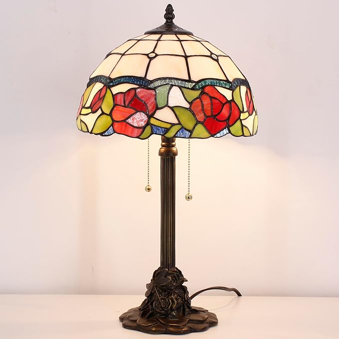 Tiffany Stained Glass Table Lamp 12X12X21Inch Resin Base Desk Bedroom Living Room Reading Light (red Rose)