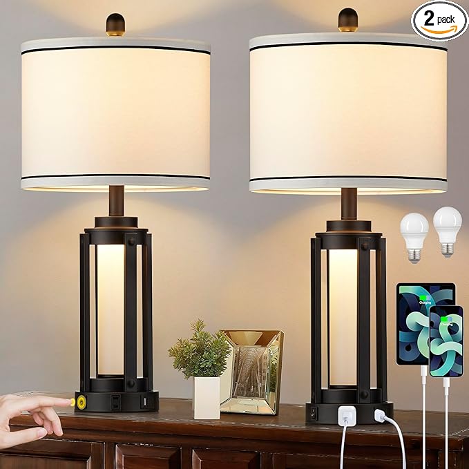 25" Modern Table Lamps Set of 2, Industrial Beside Lamps with USB A+C Charging Ports & AC Outlet, Nightstand Lamp with Glass Night Light for Living Room Bedroom End Table Decor White(4 Bulbs Included)