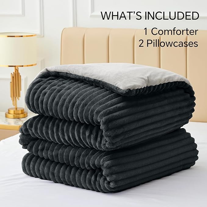 BEDELITE Fleece Queen Comforter Set -Super Soft & Warm Fluffy Black Bedding, Luxury Fuzzy Heavy Bed Set for Winter with 2 Pillow Cases