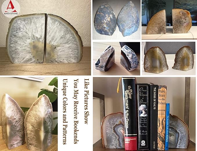 AMOYSTONE Agate Bookends for Shelf Decorative Geode Book Ends for Heavy Books Crystal Bookends for Shelves Nature Brown Small(1 Pair, 2-3 LBS)