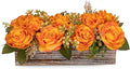 Flower Arrangement with Wooden Vase 14" Artificial Flowers in Pot - Fake Flowers Roses Peonies Hydrangeas in Wooden Vase Potted Artificial Flower Centerpieces for Table Decor Living Room - Orange