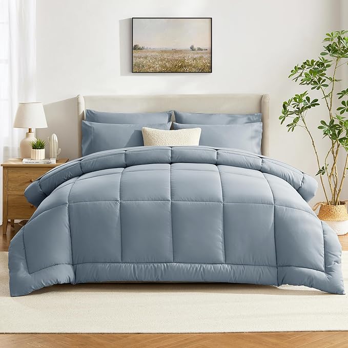 CozyLux Full Size Comforter Sets Grayish Blue, 7 Pieces Bed in a Bag, Blue Comforter Full Size, All Season Bedding Sets with Stitch Quilted Comforter, Flat Sheet, Fitted Sheet, Pillowcases