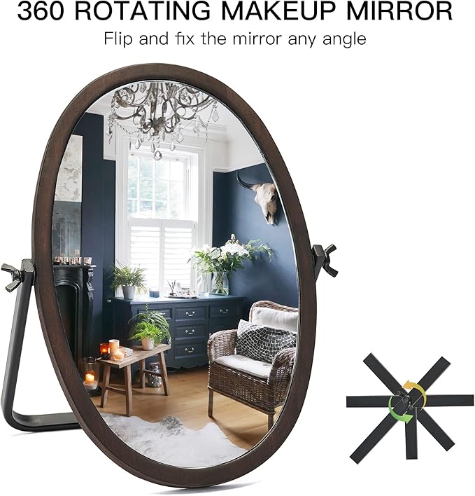Generic Vanity Table Makeup Mirror-Desk Small Standing Vintage Mirrors 360° Adjustable Rotation, Bronze Wood Framed for Dressing Table,Bedroom, Bathroom,Tabletop,Antique,Desktop 11.8'' x 7.8''