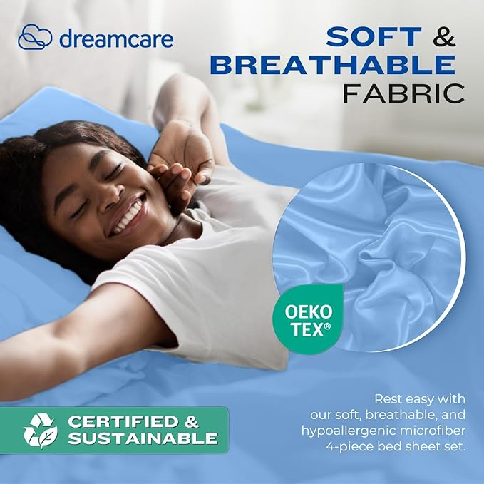 DREAMCARE Twin XL Sheet Sets - 4pc Cooling Sheets XL Twin Sheets - up to 21” Deep Pocket – Hotel Luxury Extra Long 100% Brushed Microfiber with Side Pocket - L. Blue
