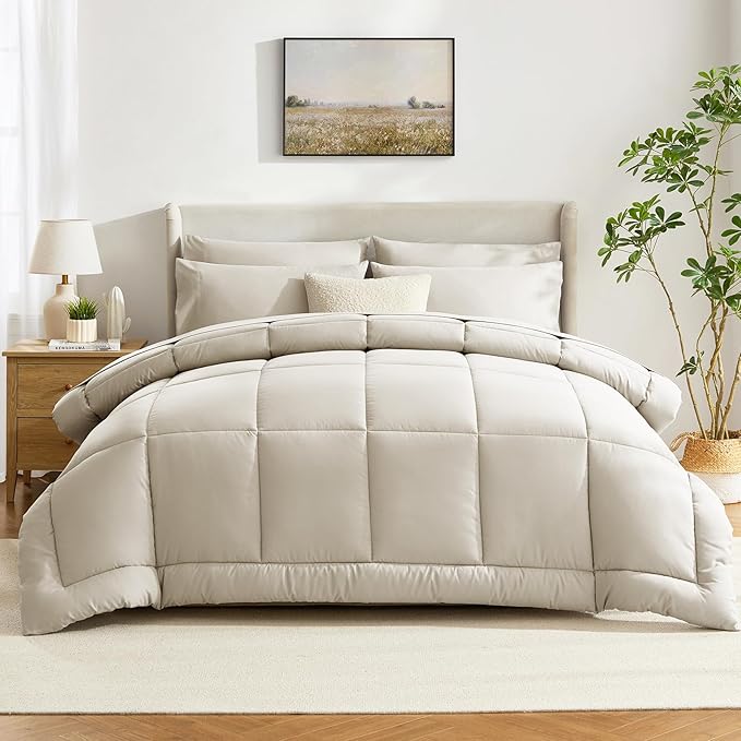 CozyLux King Size Comforter Set Oatmeal, 7 Pieces Bed in a Bag, Oatmeal Comforter King Size, All Season Bedding Sets with Stitch Quilted Comforter, Flat Sheet, Fitted Sheet, Pillowcases