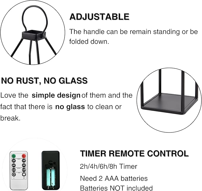 Perfnique Modern Farmhouse Lantern Decor, 15'' 13'' Set of 2 Black Metal Lantern, 2 LED 6hr Timer Flameless Candles ＆ Remote Timer, Lanterns Decorative for Outdoor, Home, Indoor, Patio, Christmas