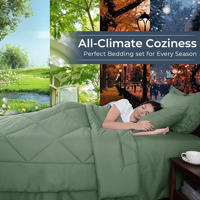 HEVUMYI Sage Green Twin-XL Comforter Set - 5-Piece All Season Bed in a Bag Twin-XL, Ultra Soft Bedding Set with Comforter, Flat Sheet, Fitted Sheet, Pillowcases, Pillow Shams, Sage Green