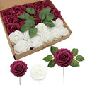 JOYLEX Artificial Flowers Realistic Roses, 50 pcs Real Looking Fake Roses with Stem for DIY Wedding Bouquets Centerpieces Bridal Shower Party Home Romantic Decorations (White & Wine Red)