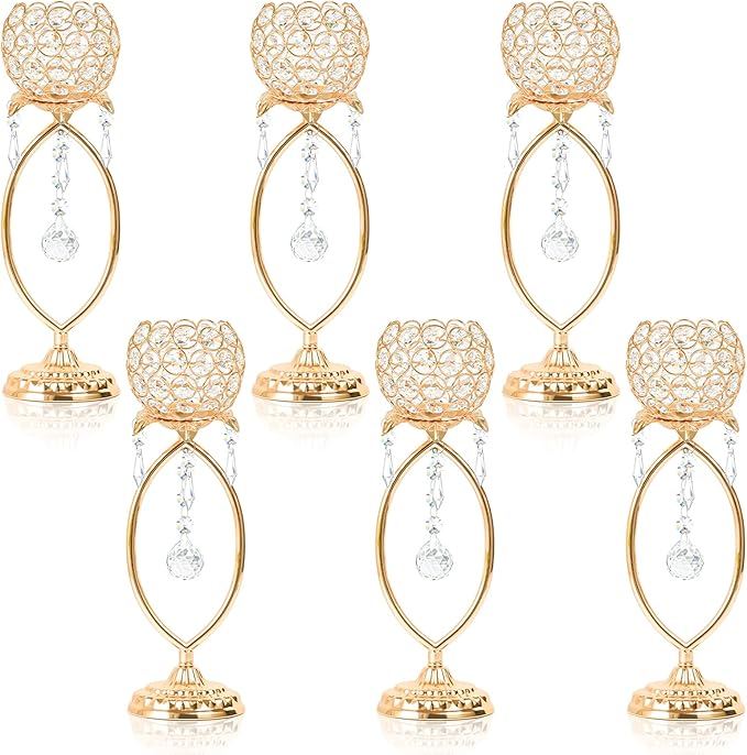 6 Pcs Gold Elegant Metal Crystal Tea Light Candle Holders with Crystal Pendants, Hollow Design - Wedding Table Centerpieces for Anniversary Birthday Party, Home Decor