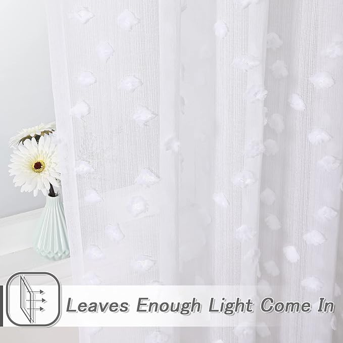 MYSKY HOME Pom Pom White Sheer Curtains for Bedroom Girls Room Curtains 84 Inches Long for Nursery Kids Light Filtering Boho Window Drapes, Rod Pocket, 38" Wide, 2 Panels