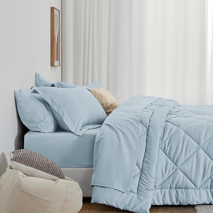 Love's cabin Twin XL Comforter Set Light Blue, 5 Pieces Twin XL Bed in a Bag, All Season Bedding Sets with 1 Comforter, 1 Flat Sheet, 1 Fitted Sheet, 1 Pillowcase and 1 Pillow Sham