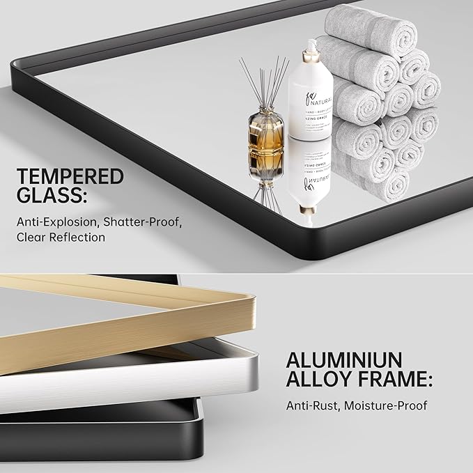 Hasipu 2 PCS Bathroom Mirror for Wall, 36 x 30 Inch Black Metal Framed Bathroom Mirrors for Over Sink, Rectangle Bathroom Vanity Mirror, Anti-Rust, Tempered Glass, Horizontal or Vertical