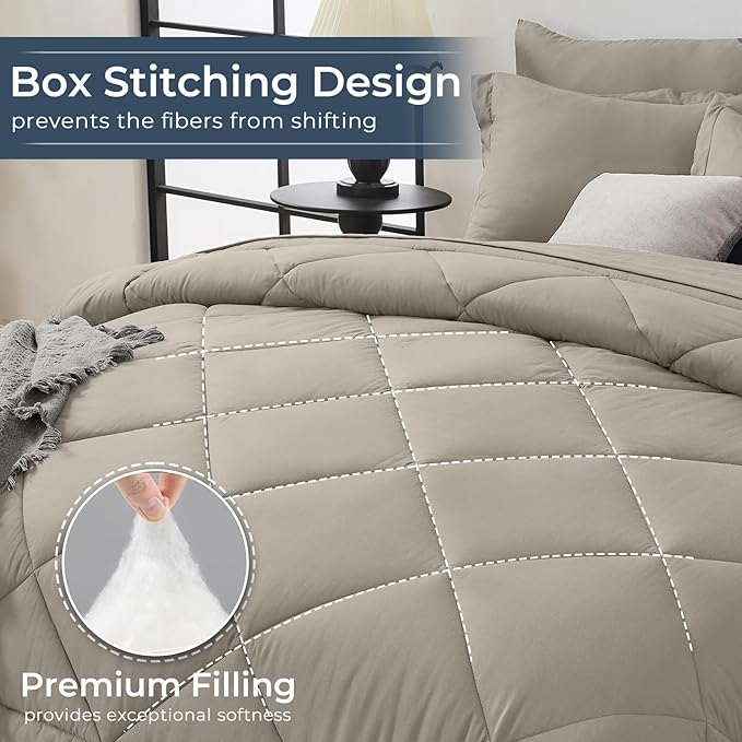 HEVUMYI Oatmeal Queen Comforter Set - 7-Piece All Season Bed in a Bag Queen, Ultra Soft Bedding Set with Comforter, Flat Sheet, Fitted Sheet, Pillowcases, Pillow Shams