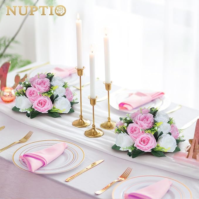 NUPTIO Pcs of 2 Fake Flower Ball Arrangement Bouquet,15 Heads Plastic Roses with Base, Suitable for Our Store's Wedding Centerpiece Flower Rack for Parties Valentine's Day Home Décor (Pink & White)