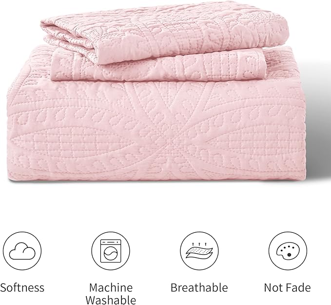 Love's cabin King Size Quilt Set Pink Bedspreads - Soft Bed Summer Lightweight Bedspread Comforter - Modern Style Coin Pattern Coverlet for All Season - 3 Pieces (1 Quilt, 2 Pillow Shams)