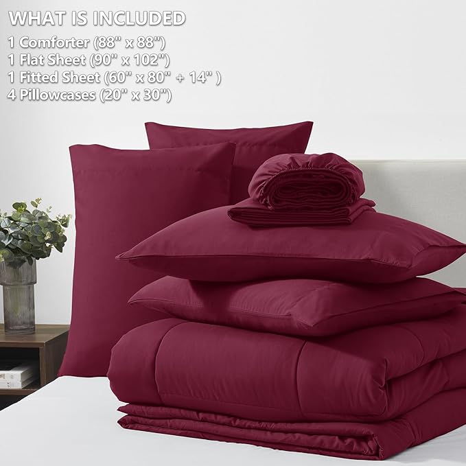 CozyLux Queen Comforter Set Burgundy, 7 Pieces Bed in a Bag, Red Comforter Queen Size, All Season Bedding Sets with Stitch Quilted Comforter, Flat Sheet, Fitted Sheet, Pillowcases