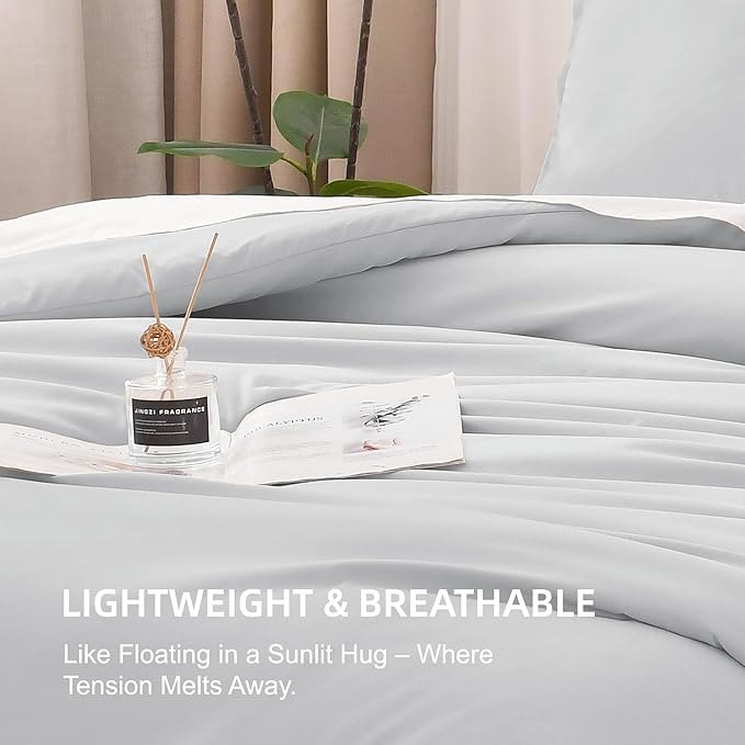 Litanika Light Grey Comforter Full Size, 3 Pieces Lightweight Solid Bedding Comforter Set, All Season Fluffy Bed Set (79x90In Comforter & 2 Pillowcases)