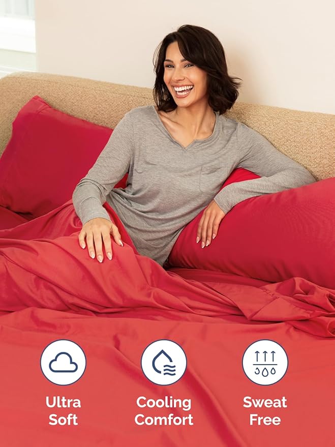 Extra Deep Split King Sheet Set - 7 Piece Breathable & Cooling Sheets - Hotel Luxury Bed Sheets Set - Easy & Secure Fit - Soft, Wrinkle Free & Comfy Sheets Set - Red Sheet Set with Extra Deep Pockets