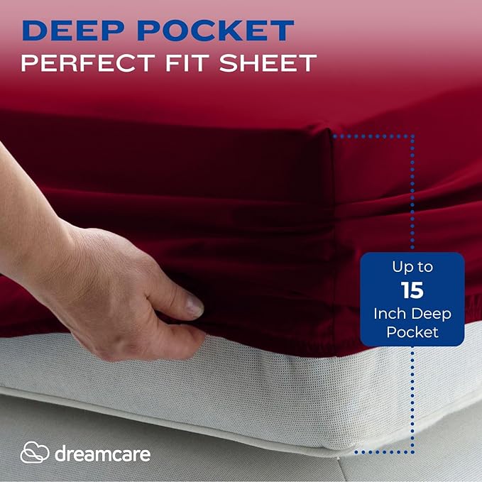 DREAMCARE Full Size Cooling Sheets - 4pcs Set - Soft & Long Lasting 100% Fine Brushed Polyester with Side Pocket - Burgundy