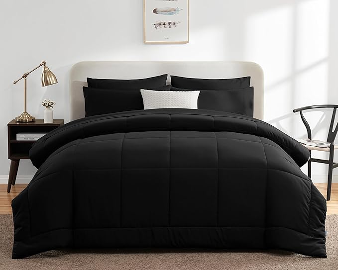 CozyLux Oversized Queen Comforter Sets Black, 7 Pieces Bed in a Bag, Ultra-Soft All Season Bedding Sets with Stitch Quilted Comforter, Flat Sheet, Fitted Sheet, Pillowcases, Black