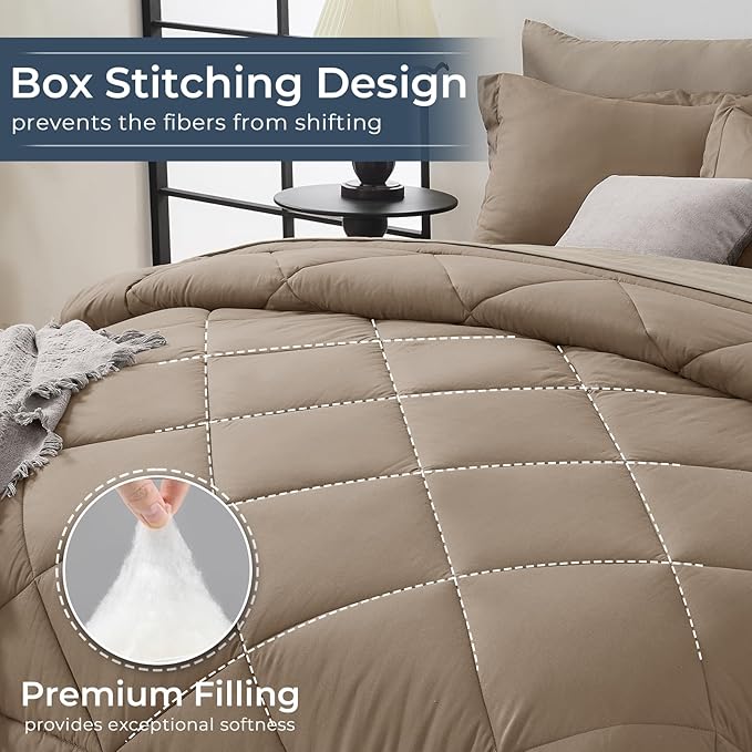 HEVUMYI Khaki & Linen Twin Comforter Set - 5-Piece All Season Bed in a Bag Twin, Ultra Soft Bedding Set with Comforter, Flat Sheet, Fitted Sheet, Pillowcases, Pillow Shams