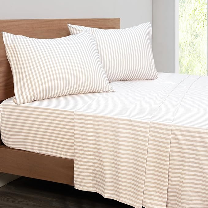 Mejoroom Striped Full Size Sheets - 1800TC Luxury Full Sheets with 16 Inch Deep Pocket - Premium Bedding Collection - Extra Soft, Breathable, Wrinkle, Fade & Stain Resistant - 4 Piece (Beige Stripe)