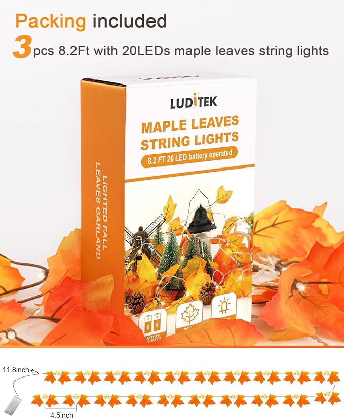 Luditek Fall Decor 3-Pack Fall Leaf Garland with Lights, Total 24.6ft 60 LED Halloween String Lights, Thanksgiving Decorations for Home Holiday Autumn Indoor Friendsgiving Gift