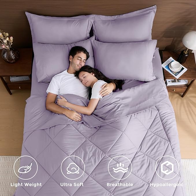 HEVUMYI Twin Purple Comforter Set - 5-Piece All Season Bed in a Bag Twin, Ultra Soft Bedding Set with Comforter, Flat Sheet, Fitted Sheet, Pillowcases, Pillow Shams, Lavender Purple
