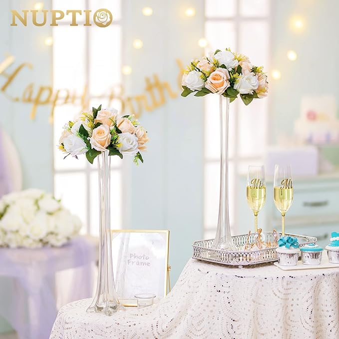 NUPTIO Pcs of 2 Fake Flower Ball Arrangement Bouquet,15 Heads Plastic Roses with Base, Suitable for Our Store's Wedding Centerpiece Flower Rack for Parties Valentine's Day Home Décor