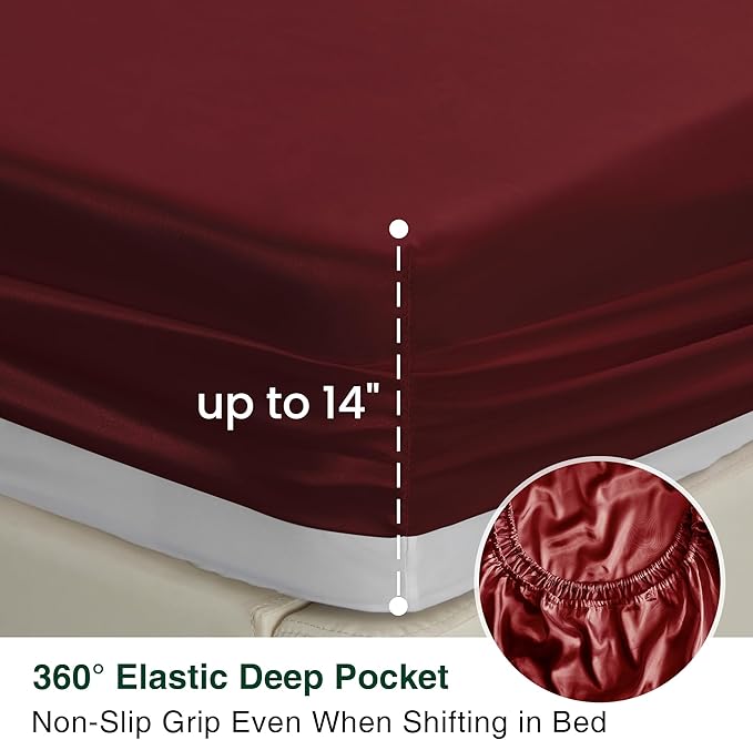 Love's cabin Satin Queen Sheets Set - 4 Piece Burgundy Silky Bed Sheets with Deep Pocket, Luxury Silk Feel Satin Queen Size Sheet Set (1 Flat Sheet,1 Fitted Sheet,2 Pillow Cases)