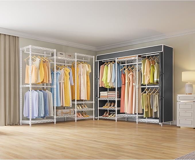 VIPEK V5C Medium Covered Clothes Rack Heavy Duty Portable Closet Wardrobe, Freestanding White Clothing Rack with Grey Upgarded Polyester Cover, Adjustable Custom Closet Rack, 57.9" Lx17.3 Wx76.4 H