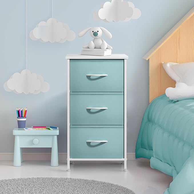 Sorbus Nightstand with 3 Drawers - Bedside Furniture & Accent End Table Chest for Home, Bedroom Accessories, Office, College Dorm, Steel Frame, Wood Top, Pastel Fabric Bins (Aqua)