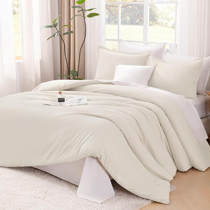 Litanika Queen Comforter Set Beige, 3 Pieces Lightweight Fluffy Solid Bedding Comforter Set, Down Alternative Comforter All Season Bed Set Gift Choice