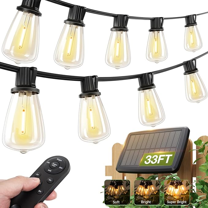 addlon 33(27+6) FT Solar String Lights Waterproof,Patio Light Solar Powered with Remote& USB Port 9+1 LED Shatterproof Bulbs 3 Lighting Modes Outdoor for Camping Backyard Garden